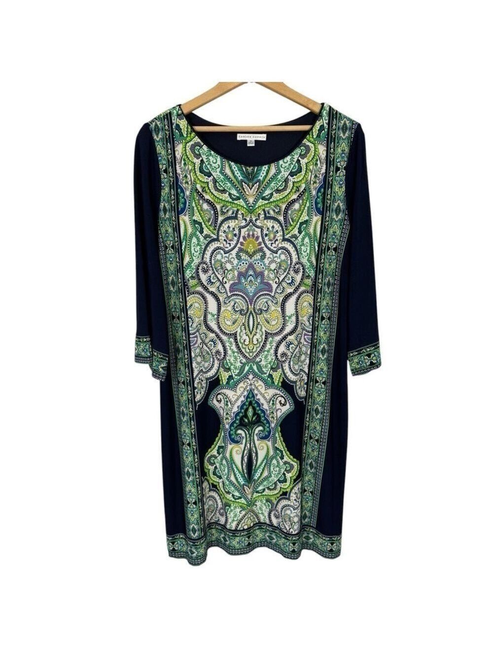 Sandra Darren 3/4 Sleeve Shift Dress Sz 14 Navy Multicolour Floral Paisley EUC